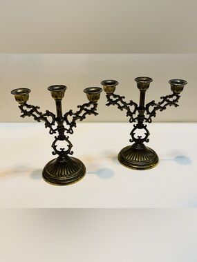 Vintage Style Brass Mini Candelabra Set Pair 3 Arm Ornate Candle Holders